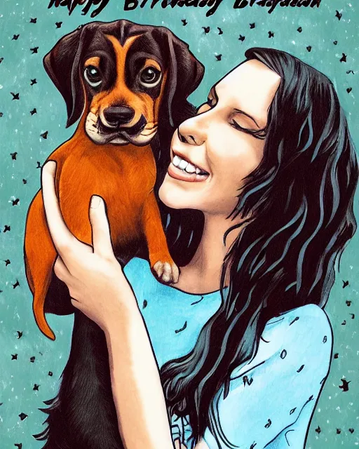 Image similar to happy birthday postcard in a style of Neil Gaiman book , black haired girl holding a beagle puppy, trending on artstation, 8k, highly detailed