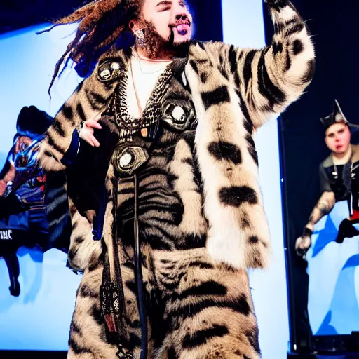 Image similar to post Malone dressing up as a cat girl, photograph on stage