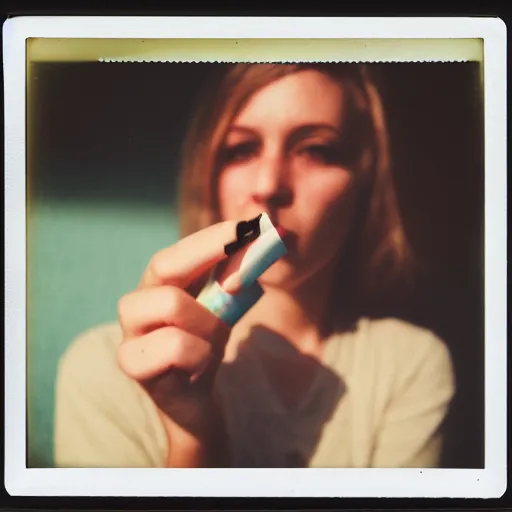 Prompt: a polaroid photo of woman hand with a cigarette, bokeh