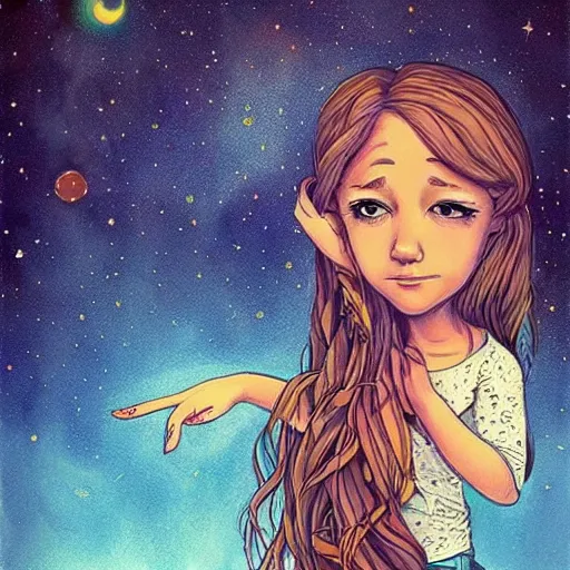 Image similar to Street art. A beautiful illustration of a young girl with long flowing hair, looking up at the stars. She appears to be dreaming or lost in thought. by Tim Shumate, by Carsten Meyerdierks elaborate, precise