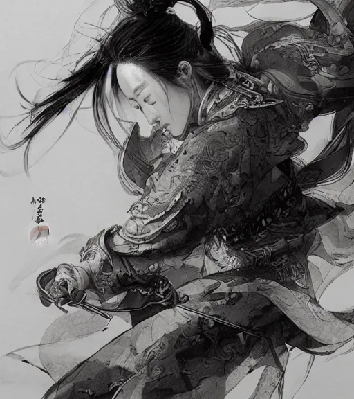 Prompt: hua mulan, pen and ink, intricate line drawings, by craig mullins, ruan jia, kentaro miura, greg rutkowski, loundraw