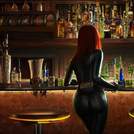 Image similar to highly detailed painting of a beautiful female wearing a skintight leather jacket in a bar, stephen bliss, 8 k, unreal engine, by greg rutkowski, loish, rhads, ferdinand knab, makoto shinkai and lois van baarle, ilya kuvshinov, rossdraws, tom bagshaw, global illumination, radiant light, detailed and intricate environment