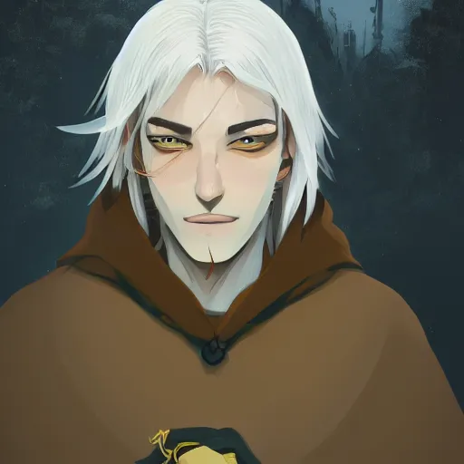 Prompt: a white haired man with yellow eyes, wearing a cultist robe, medieval background, highly detailed, digital painting, artstation, matte, by makoto shinkai, animation style, studio ghibli, anime key visual