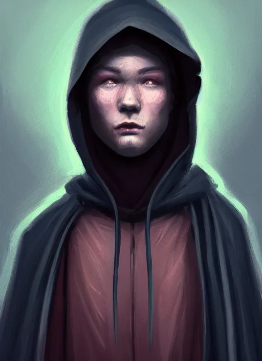 Prompt: young man, black round hood and cloak, round face, confused, whimsical, portrait in the style of justin sweet, fantasy city background, night, macro lens, shallow depth of field, highly detailed, digital painting, trending artstation, concept art, illustration, cinematic lighting, vibrant colors, photorealism, epic, octane render, magic the gathering artwork, centered