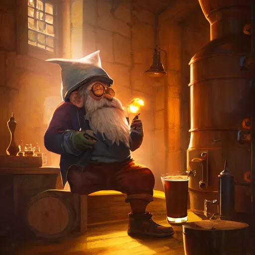 Image similar to A Gnome brewmaster inspecting the whiskey in his flask by Greg Rutkowski, 4k photorealistic, volumetric lighting, HD, high details, dramatic, trending on artstation