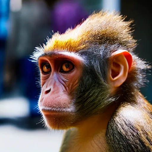 Image similar to candid portrait of a monkey in the street wearing girl's outfit, realistic, sharp focus