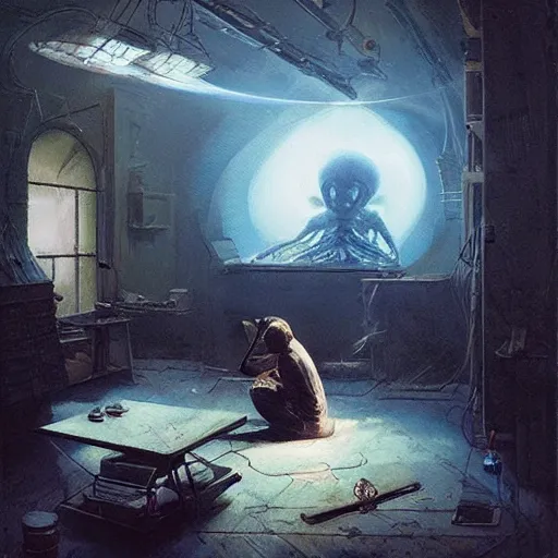 Prompt: an artist in his workshop discovering a strange alien otherworldly new form of matter, vivid caustics, realistic photography, beautiful interior, hyperrealism, incredible, award - winning photography, by greg rutkowski, lovecraftian