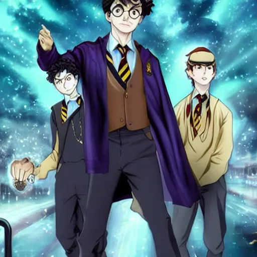 Prompt: Harry Potter as a Jotaro Kujo in JoJo\'s bizarre adventure, epic composition, movie poster, character poster