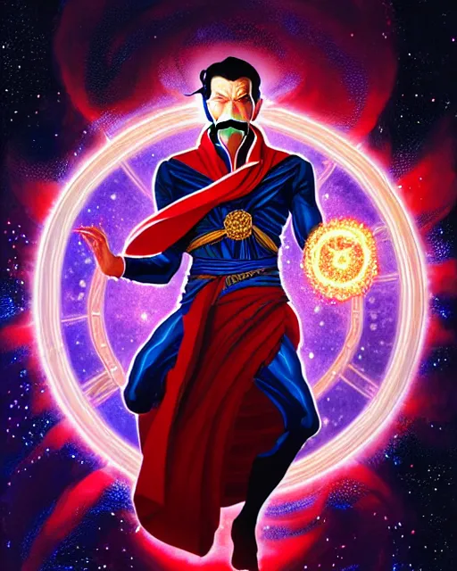 Prompt: a thangka portrait of dr. strange with glow, surrounded with spiriling sparkling flash crystals and galaxies, by jesper ejsing, aleksi briclot, hyper light drifter, by ilya kuvshinov katsuhiro, jim burns, ed emshwiller, greg rutkowski, trending on artstation