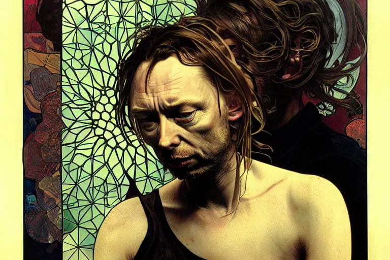 Image similar to hyper realistic portrait of ( ( ( thom yorke ) ) ) singer songwriter, side, liminal space, by lee bermejo, alphonse mucha and greg rutkowski