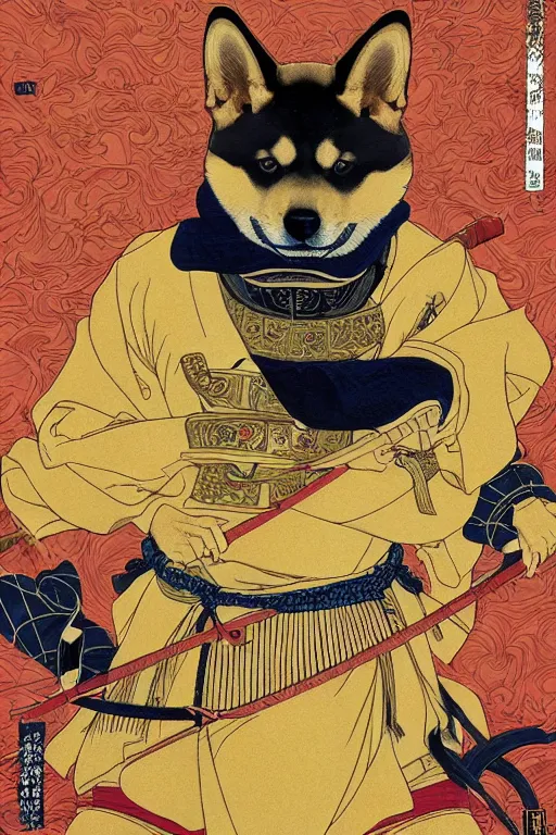 Image similar to poster of a shiba inu as a samurai, by yoichi hatakenaka, masamune shirow, josan gonzales and dan mumford, ayami kojima, takato yamamoto, barclay shaw, karol bak, yukito kishiro