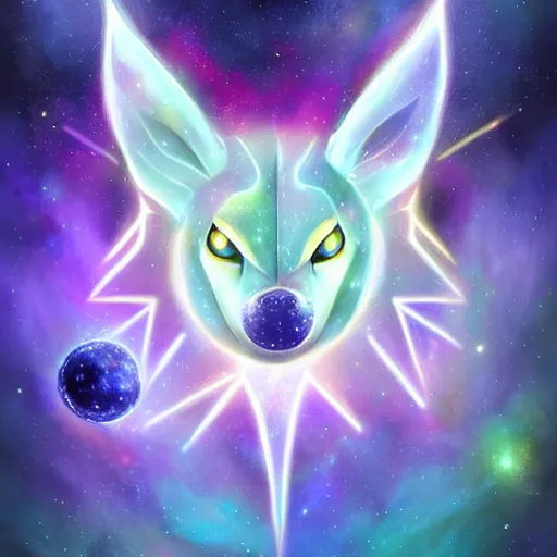 Prompt: geometric symmetrical jolteon with galaxy eyes in space, nebula in the background, intricate, elegant, highly detailed, digital painting, artstation, concept art, smooth, sharp focus, illustration, art by artgerm