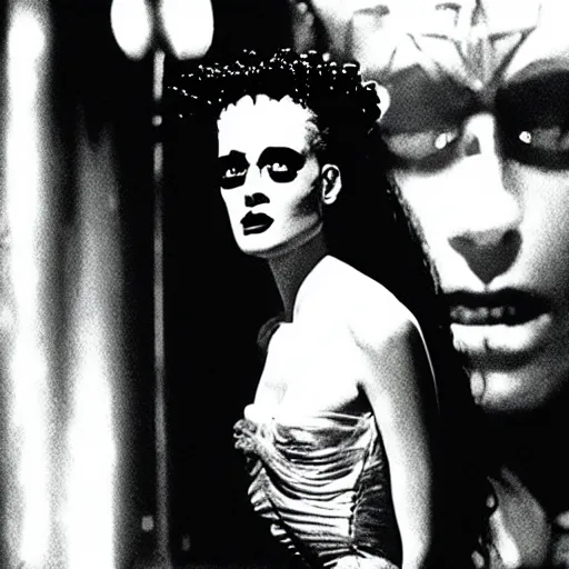 Image similar to cinematic portrait of bride of frankenstein as a replicant in a nightclub, still from the movie bladerunner, fashion photography, a neon sign is in the background