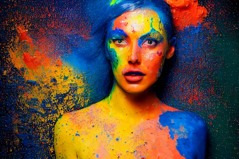 Prompt: a highly detailed cinematic headshot portrait photograph of a woman with a liquid paint face, with blue and orange and yellow paint splash, liquid, ultra realistic, beautiful rim lighting, by richard avedon and annie leibovitz and arnold newman, photorealistic, hyperrealistic, octane, hasselblad camera, zeiss lens, sharp focus, paint splash
