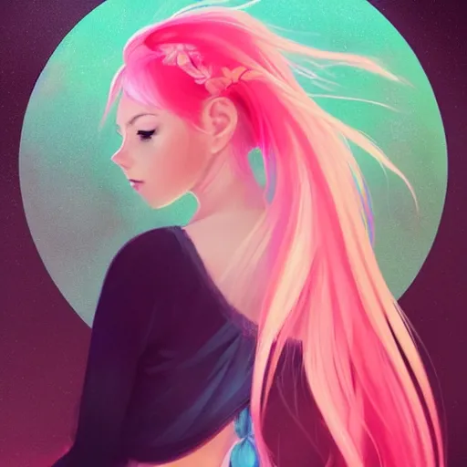 Image similar to colorful and festive captivating teenager girl with pink hair, cyan top crop, black skirt, black leggings, cute look. rich vivid colors, ambient lighting, dynamic lighting, 4 k, atmospheric lighting, painted, intricate, highly detailed by charlie bowater