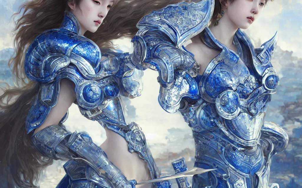 Prompt: knights of zodiac girl, chinese blue and white porcelain reflected armor, fight cinematic shot, in ruined agora of athens, ssci - fi and fantasy, intricate and very very beautiful and elegant, highly detailed, digital painting, artstation, concept art, smooth and sharp focus, illustration, art by tian zi and wlop and alphonse mucha