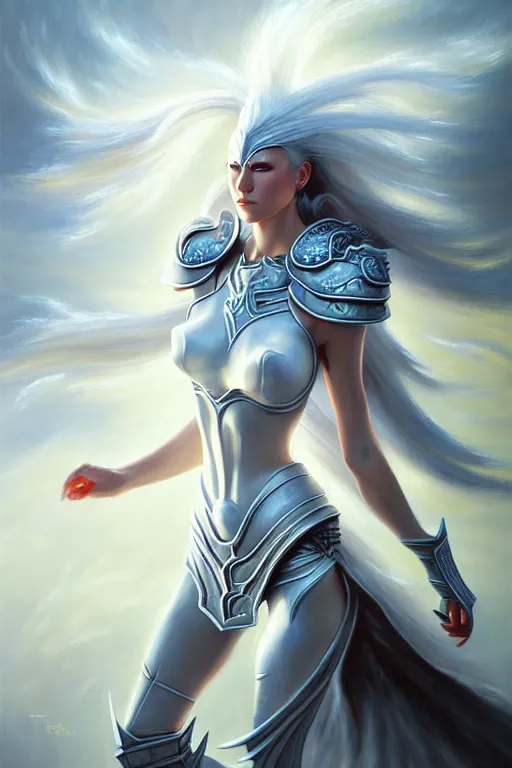 Image similar to oil painting, white, sakimi chan, fantasy armor, detailed face, flying, tony sart, wind, lightning, dramatic lighting