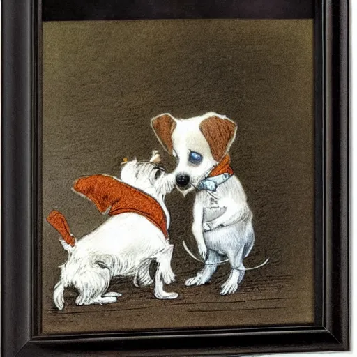 Image similar to closeup candid portrait of jack russel terrier crying, illustrated by peggy fortnum and beatrix potter and sir john tenniel