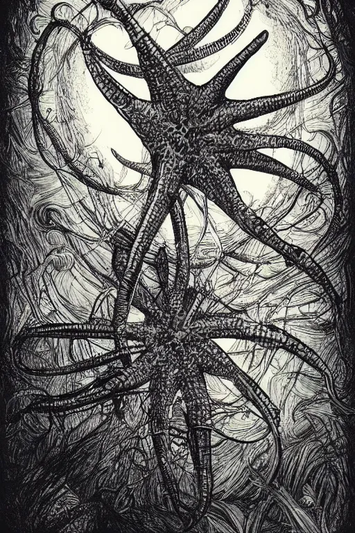 Image similar to portrait of hollow starfish, in the style of Greg Broadmore and Arthur Rackham,trending on artstation, light lighting side view,digital art,surrealism ,macro,blueprint ,vaporwave ,