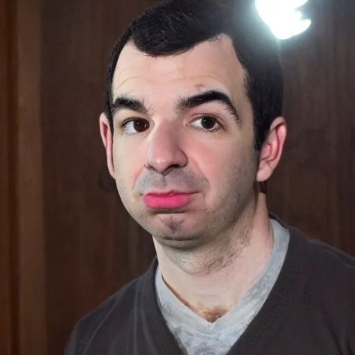 Prompt: nathan fielder looking surprised while ghost hunting in a spooky mansion, foggy eerie lighting