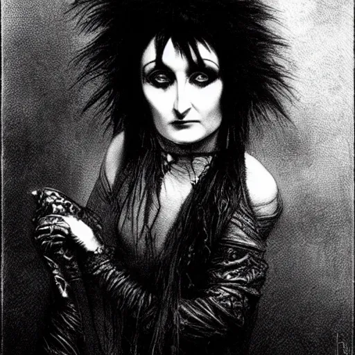 Image similar to siouxsie sioux, creepy atmosphere, dark, portrait, realistic, very realistic, illustration by gustave dore