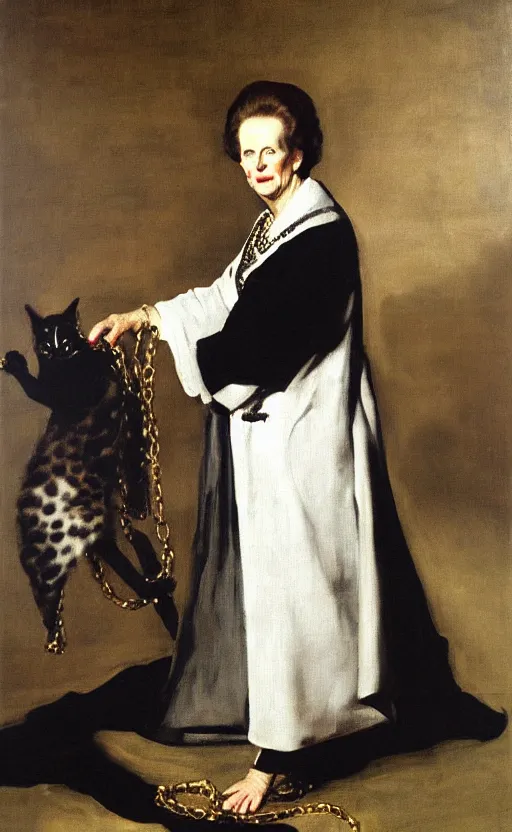 Image similar to an oil portrait of margaret thatcher in ceremonial robe keeping chained distressed servals at her feet, high quality, artstation, higly detailed, art by velaquez rubens and francisco goya, dark lighting