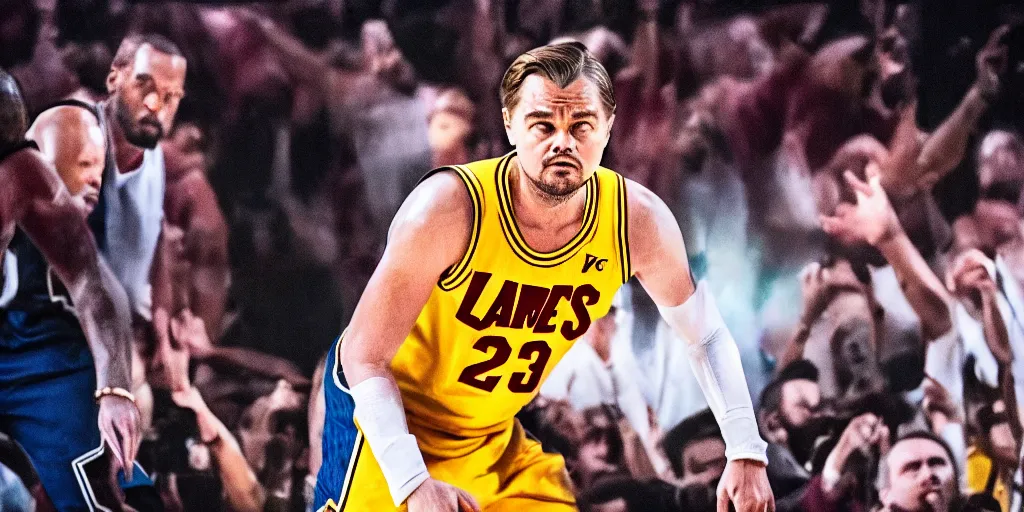 Image similar to leonardo dicaprio as lebron james in'james'( 2 0 2 4 ), movie still frame, oscar nominated cinematography, volumetric lighting, 8 k resolution, beautiful composition