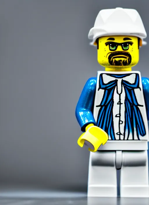 Image similar to macro photo still of lego walter white, 8 k, studio lighting, left side key light, product shot