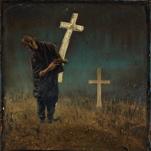 Image similar to one man in a cemetery, with a cross behind him, digging up a dead body, by nicola samori, painting, 8 k, high detail, blue, orange, and dark green tones, high quality, sad feeling, high detail, dark colors, sinister atmosphere, dramatic lighting, cinematic, establishing shot, extremely high detail, photo realistic, cinematic lighting