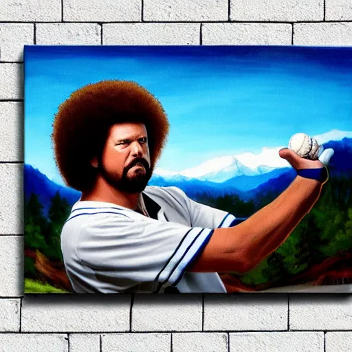 Image similar to a closeup photorealistic photograph of bob ross style kenny powers baseball, painting on canvas. mountains and trees. film still. brightly lit scene. this 4 k hd image is trending on artstation, featured on behance, well - rendered, extra crisp, features intricate detail, epic composition and the style of unreal engine.