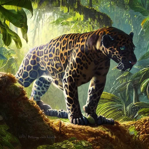 Image similar to jungle jaguar, hyperrealistic oil painting, super detailed, colorized, 4k, trending on Artstation, D&D, fantasy, raytracing, award winning, art by James C Christensen and Michael Hutter, spectacular lighting, octane rendered