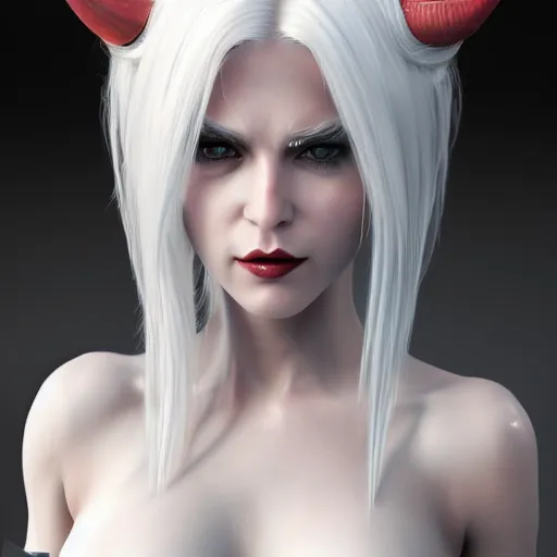 Image similar to a highly detailed portrait of a humanoid demon girl with white hair, red horns, in white clothes, artstation, deviantart, professional, unreal engine 5, photorealistic