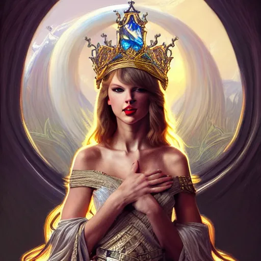 Image similar to Taylor Swift sitting on a majestic throne wearing a crown, D&D style, fantasy, intricate, elegant, highly detailed, digital painting, artstation, concept art, matte, sharp focus, illustration, art by Artgerm and Greg Rutkowski and Alphonse Mucha