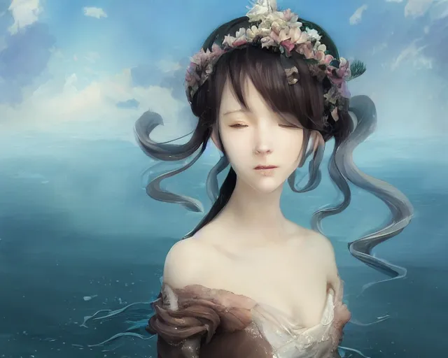 Image similar to Portrait of a beautiful young elegant ocean singer in anime style ， full of details, matte painting, concept art, smooth, by krenz cushart and wlop，trending on cgsociety and artstation，8kHDR，light effect，rtx on，-H 1280