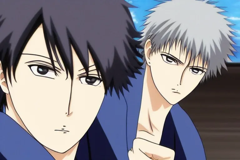 Image similar to A handsome man，Black short hair, blue eyes, Hijikata Toushirou of Gintama,Kyoto Animation