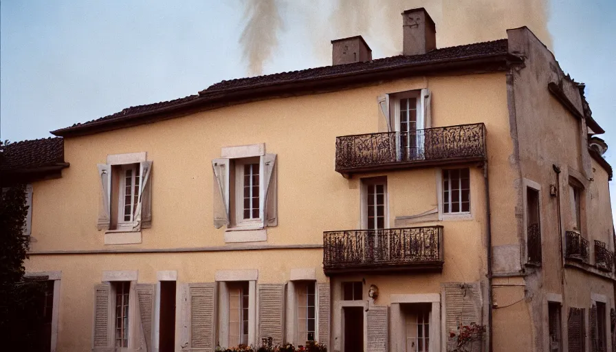Image similar to 1 9 7 0 s movie still of a french style townhouse who is burning in a small french village, cinestill 8 0 0 t 3 5 mm, heavy grain, high quality, high detail, dramatic light, anamorphic, flares