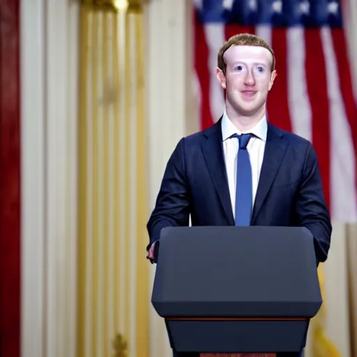 Image similar to mark zuckerberg as the president of the united states wearing a suit standing at the presidential podium