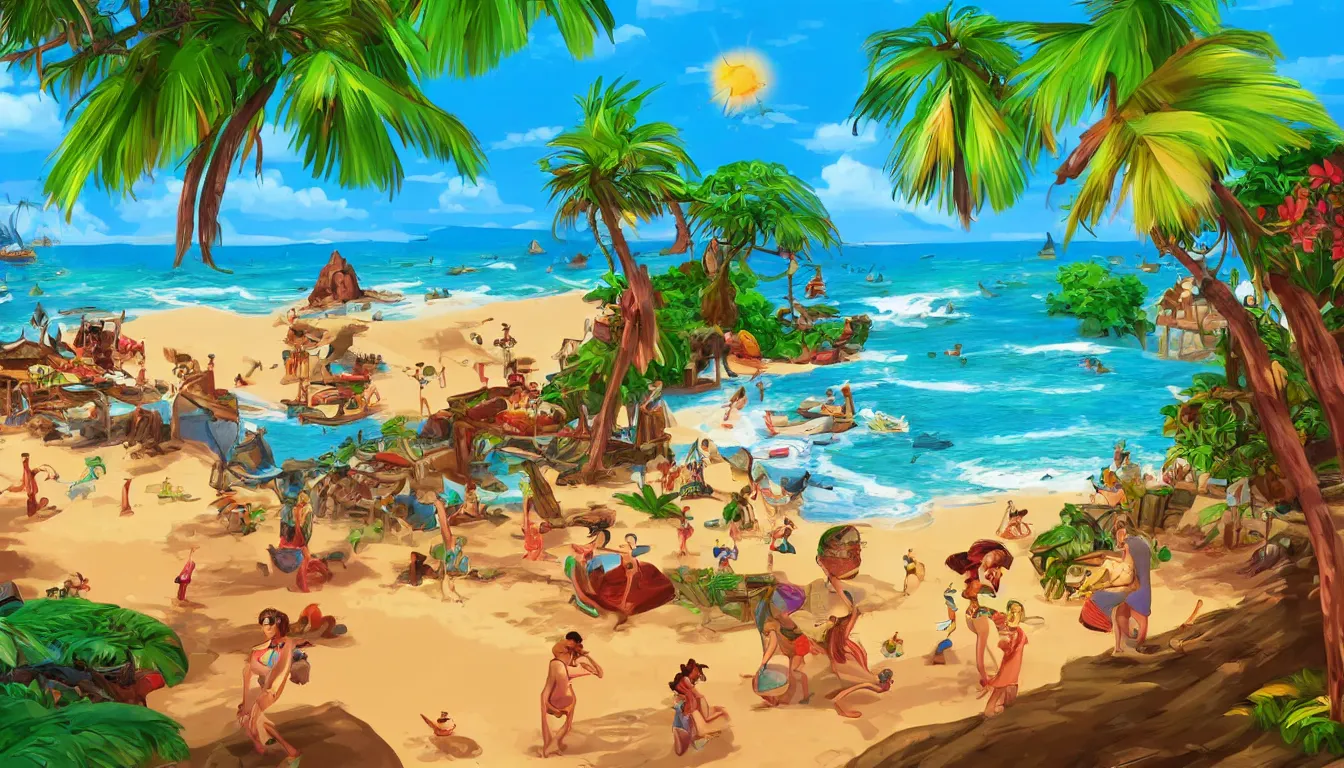 Prompt: a tropical beach scene, The curse of monkey island, animation, high detail, colorful