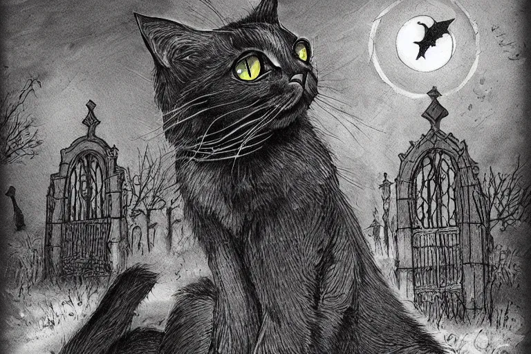 Image similar to black cat in graveyard at midnight halloween tattoo on shoulder by anton pieck, intricate, extremely detailed, digital painting, artstation concept art