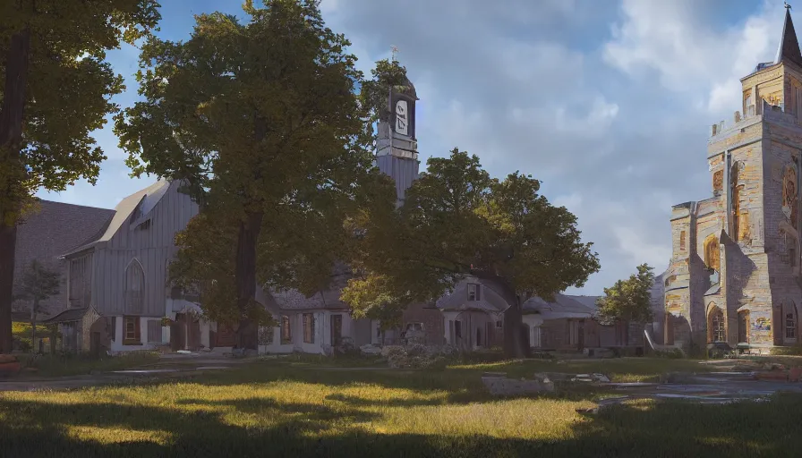 Prompt: small midwest town with square and gold eagle statue, sunny day, church, trees, hyperdetailed, artstation, cgsociety, 8 k
