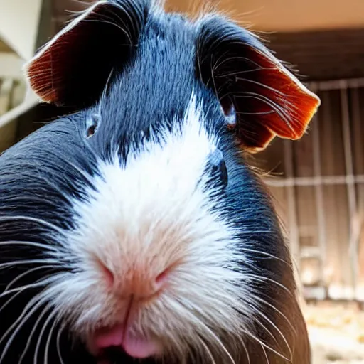 Image similar to a Guinea pig taking a selfie in front of a burning house