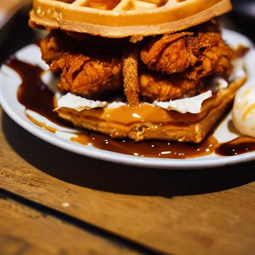 Image similar to photograph of a crispy Cajun fried chicken sandwich with Belgian Waffle Bun, maple syrup & hot fudge, ice cream on the side, 4K, HD