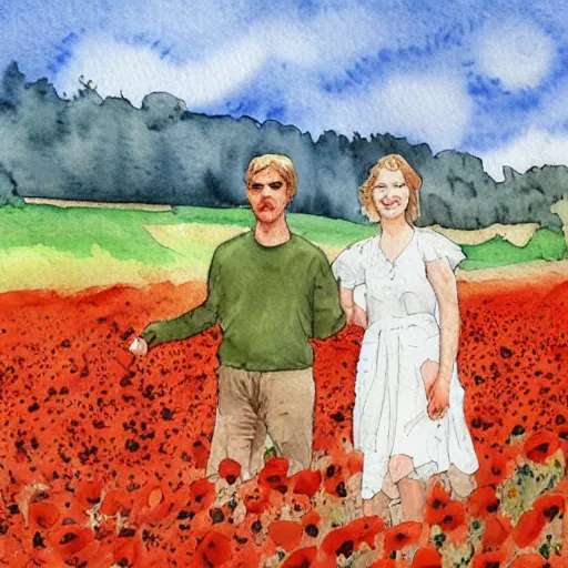 Prompt: manon and gregoire in a poppy field, watercolor