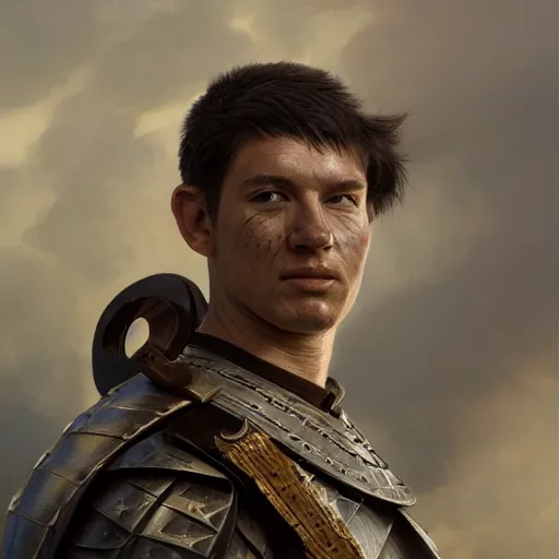 Image similar to highly detailed portrait of a roman soldier, stephen bliss, unreal engine, greg rutkowski, ilya kuvshinov, ross draws, hyung tae and frank frazetta, tom bagshaw, tom whalen, nicoletta ceccoli, mark ryden, earl norem, global illumination, god rays