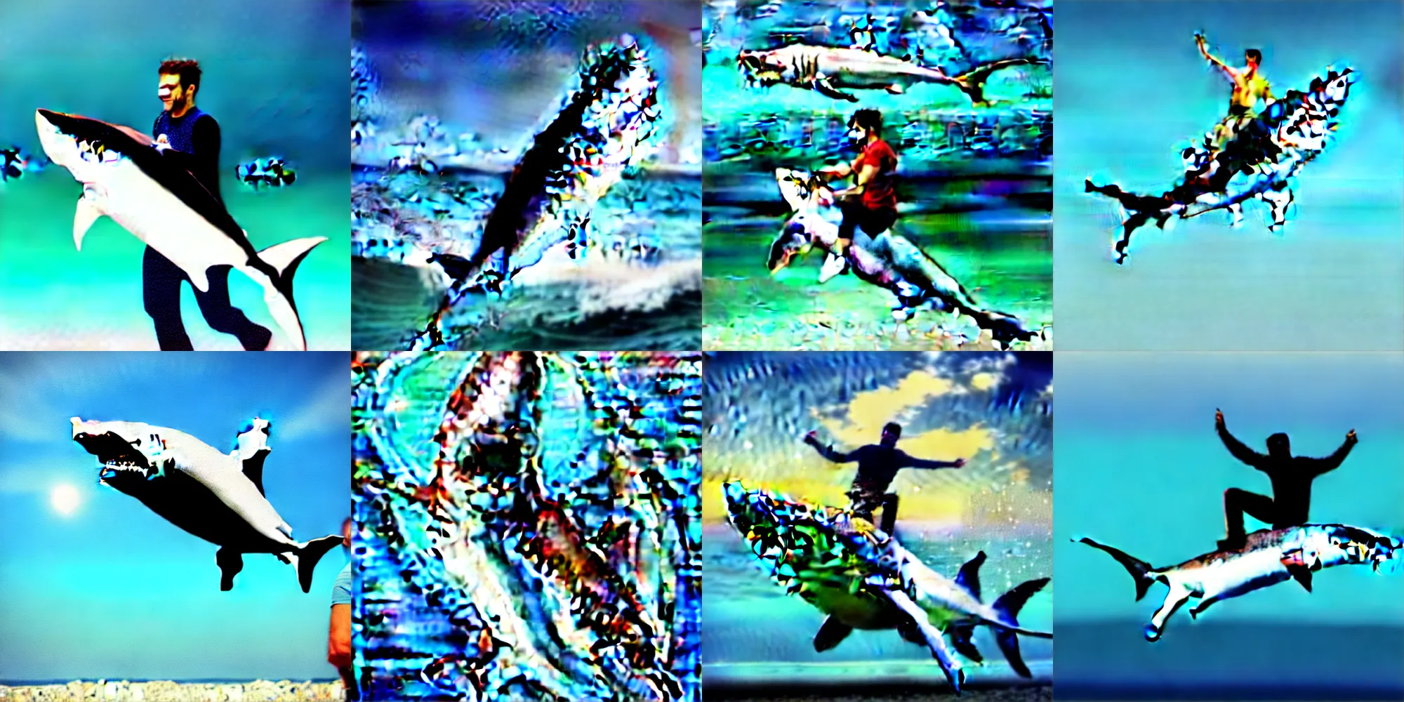 Image similar to Man riding a shark photorealistic photo