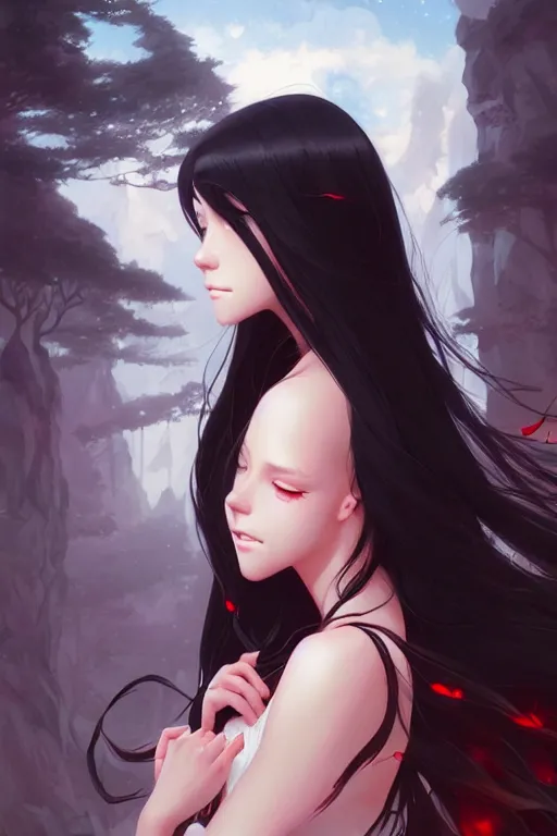 Prompt: a beautiful girl with long black hair and red eyes, fantasy, sharp focus, intricate, digital painting, artstation, highly detailed, ambient lighting, portrait by Studio Ghibli, Rossdraws, artgerm, Ilya Kuvshinov, and Greg Rutkowski