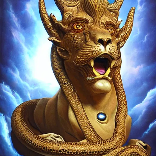 Prompt: lion headed serpent demiurge creator god yaldabaoth, epic, mystical, ancient, hyperrealistic