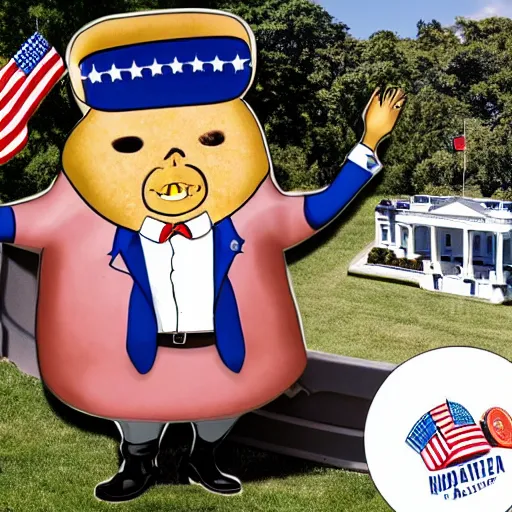 Image similar to a baked potato running for president, wearing a presidential suit and tie, at the white house