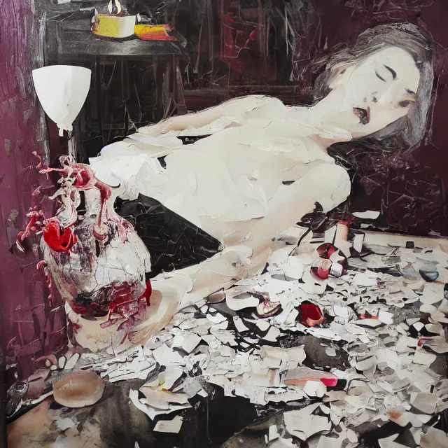 Prompt: a female artist's apartment, sensual portrait of a woman sleeping, cracked handmade japanese pottery vase, torn paper smouldering smoke, candles, white flowers on the floor, puddle of water, octopus, squashed berries, neo - expressionism, surrealism, acrylic and spray paint and oilstick on canvas