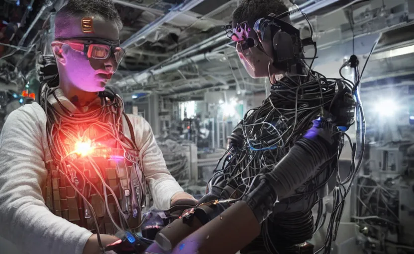 Image similar to human man person, working in laser mines to power computer 24 hours a day, 4k, bandolier